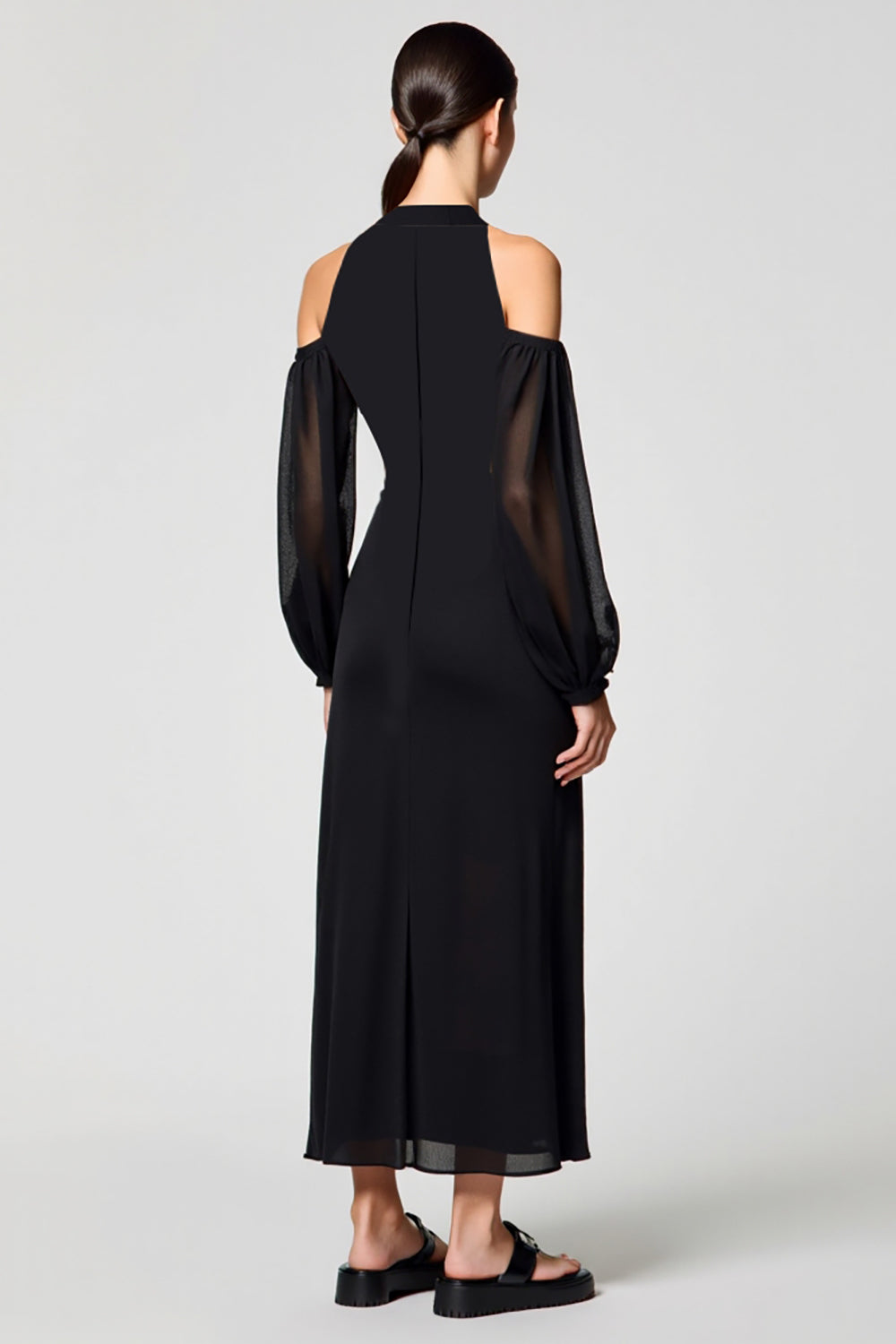 Black Cold Shoulder A Line Long Wedding Guest Dress
