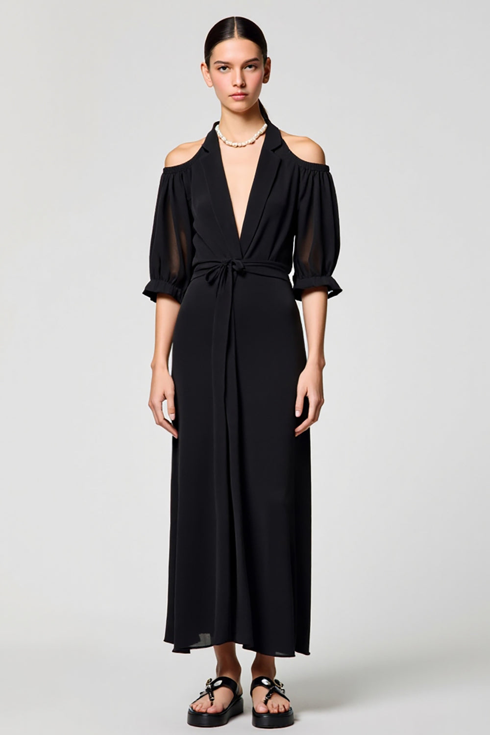 Black Cold Shoulder A Line Long Wedding Guest Dress