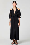 Black Cold Shoulder A Line Long Wedding Guest Dress
