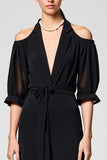 Black Cold Shoulder A Line Long Wedding Guest Dress