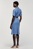 Blue Notched Lapel Sheath Mini Work Dress With Belt