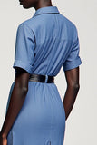 Blue Notched Lapel Sheath Mini Work Dress With Belt