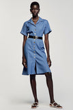 Blue Notched Lapel Sheath Mini Work Dress With Belt