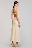 Cowl Neck Sheath Apricot Midi Wedding Guest Dress With Slit