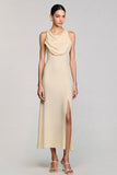 Cowl Neck Sheath Apricot Midi Wedding Guest Dress With Slit
