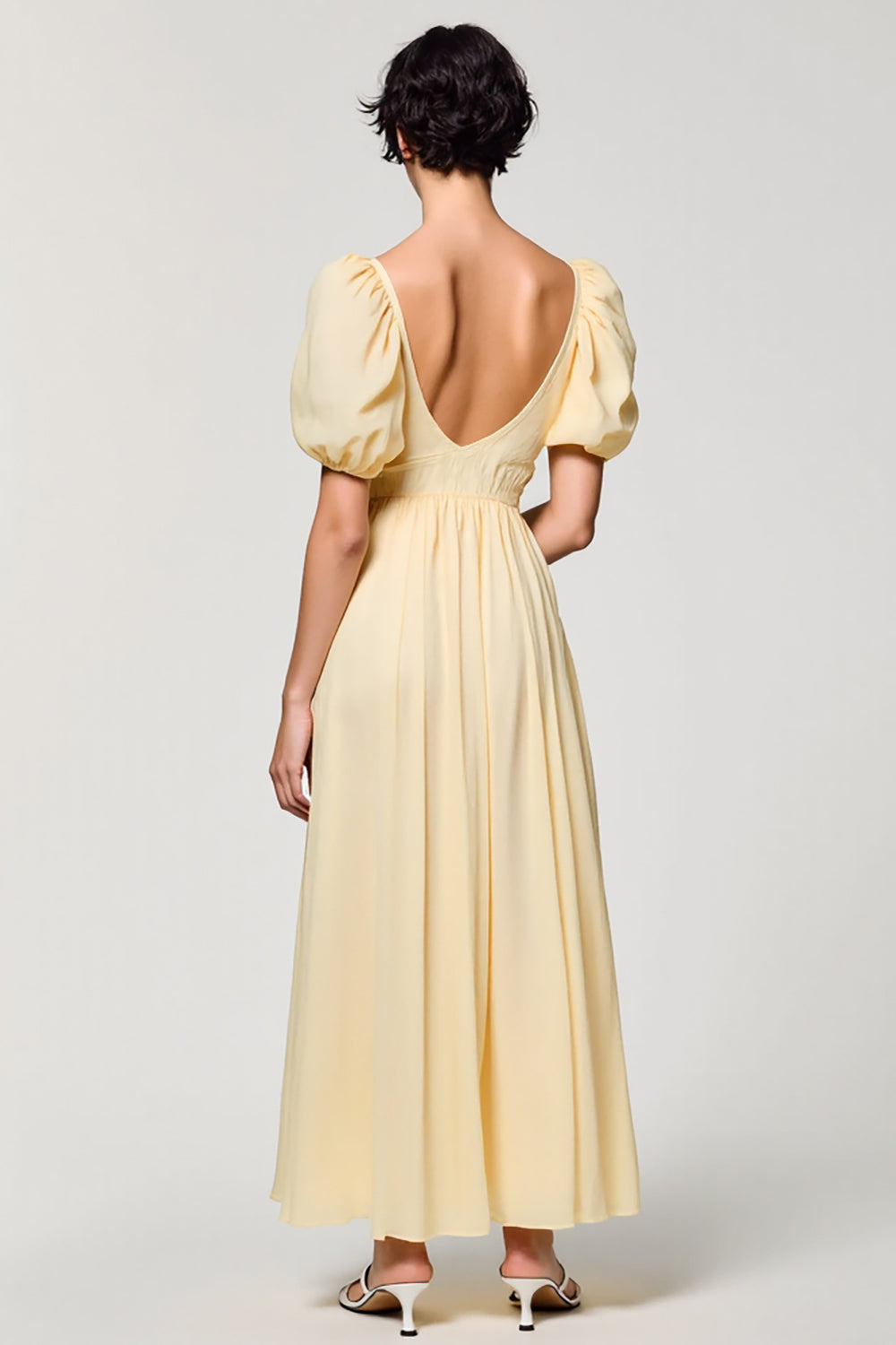 Apricot A Line Square Neck Puff Sleeve Wedding Guest Dress
