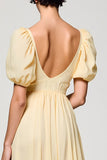 Apricot A Line Square Neck Puff Sleeve Wedding Guest Dress