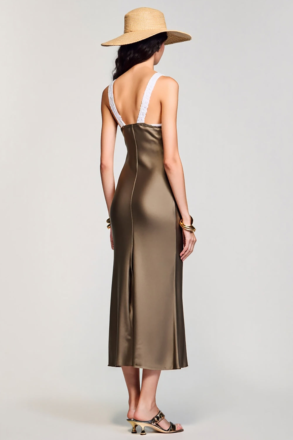 Olive Sheath Round Neck Midi Wedding Guest Dress
