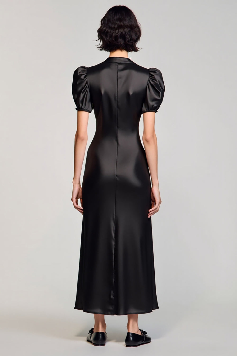 A Line Black Puff Sleeve Long Wedding Guest Dress