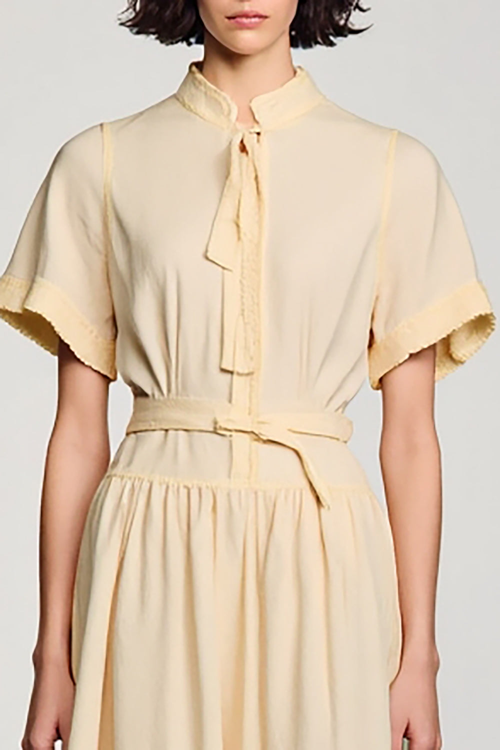 High Neck A Line Long Apricot Work Dress With Belt