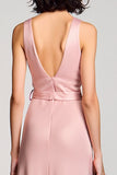 A Line Pink Round Neck Long Wedding Guest Dress With Belt