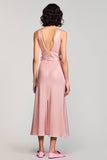 A Line Pink Round Neck Long Wedding Guest Dress With Belt