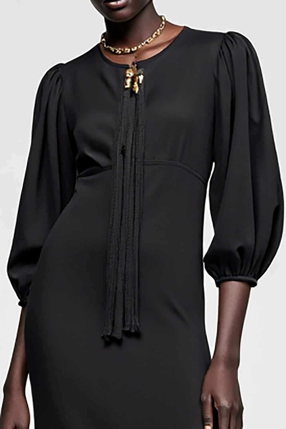 Black A Line 3/4 Sleeve Long Wedding Guest Dress With Tassel