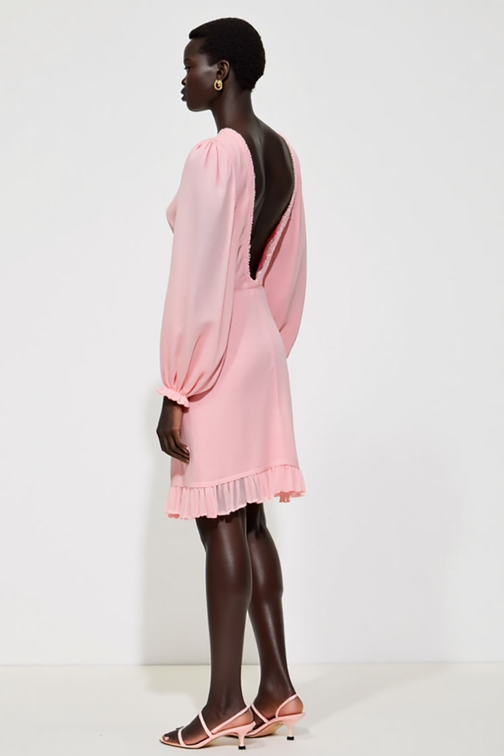 Long Sleeve V Neck Pink Ruched Wedding Guest Dress