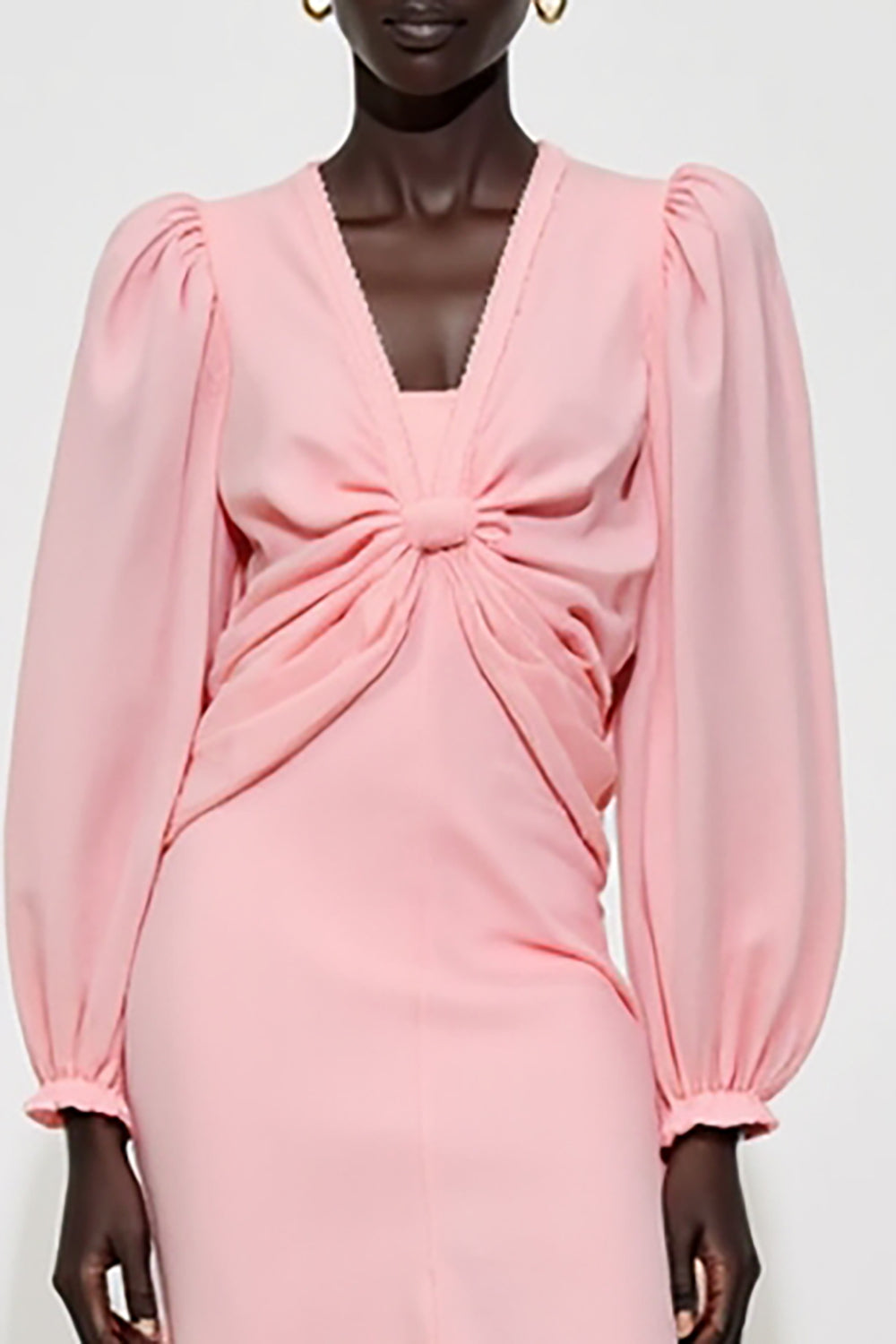Long Sleeve V Neck Pink Ruched Wedding Guest Dress