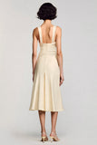 Apricot A Line Round Neck Midi Wedding Guest Dress