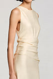 Apricot A Line Round Neck Midi Wedding Guest Dress