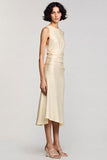 Apricot A Line Round Neck Midi Wedding Guest Dress