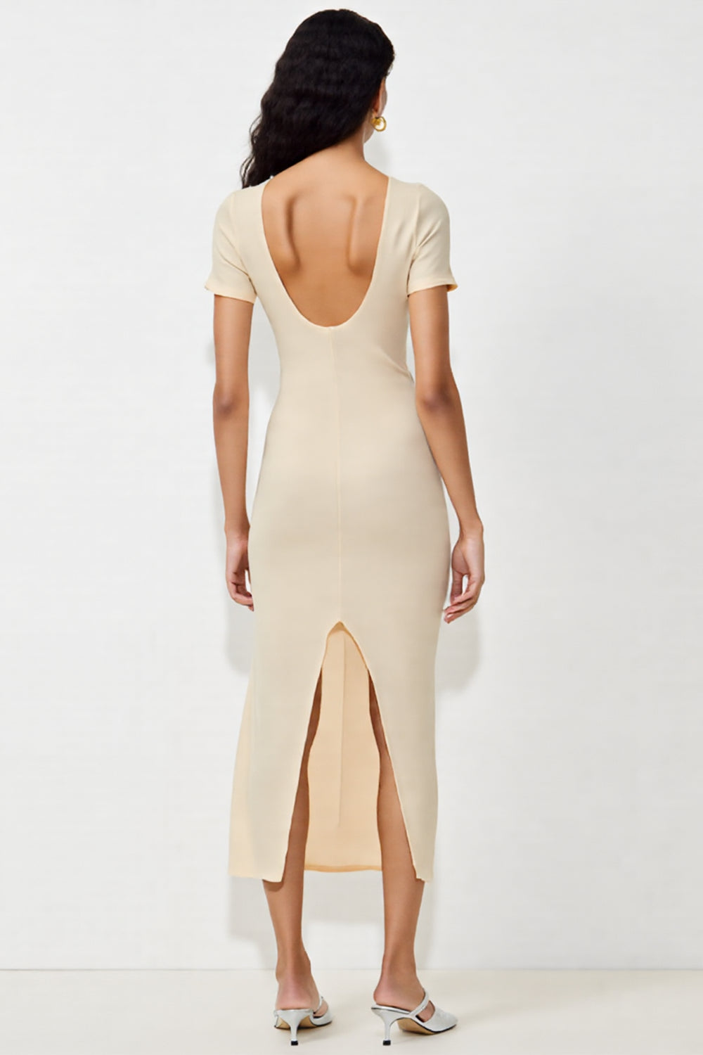 Simple Apricot Sheath Midi Wedding Guest Dress With Slit