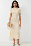 Simple Apricot Sheath Midi Wedding Guest Dress With Slit