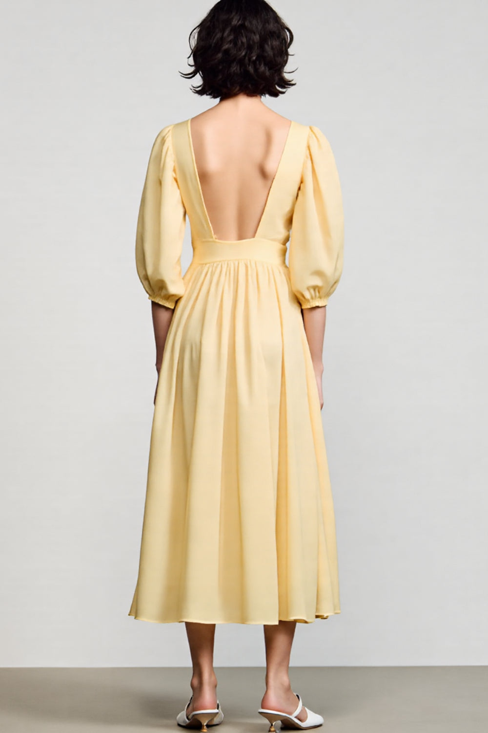 Yellow Square Neck A Line Midi Wedding Guest Dress