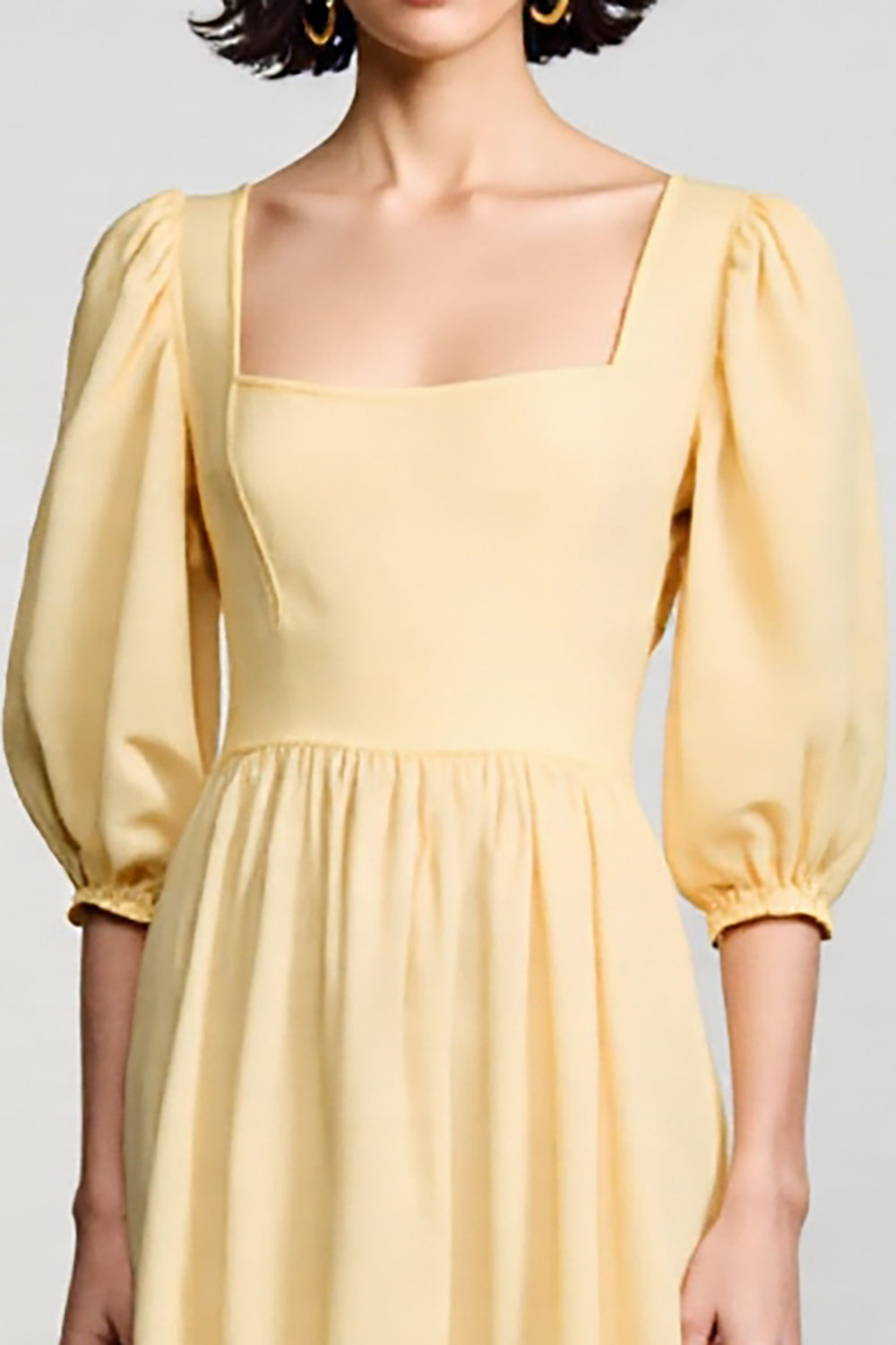 Yellow Square Neck A Line Midi Wedding Guest Dress