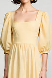 Yellow Square Neck A Line Midi Wedding Guest Dress
