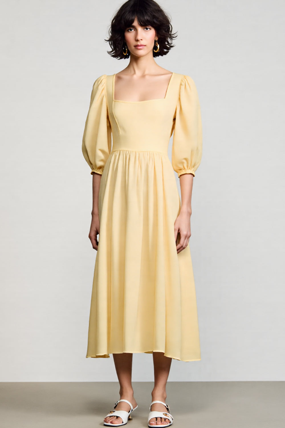 Yellow Square Neck A Line Midi Wedding Guest Dress