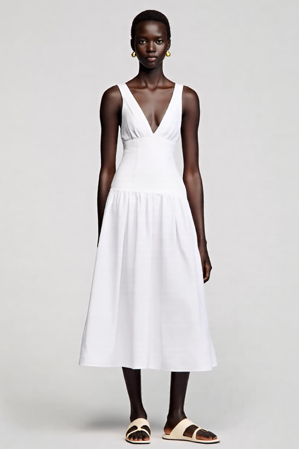 A Line V Neck Midi White Wedding Guest Dress