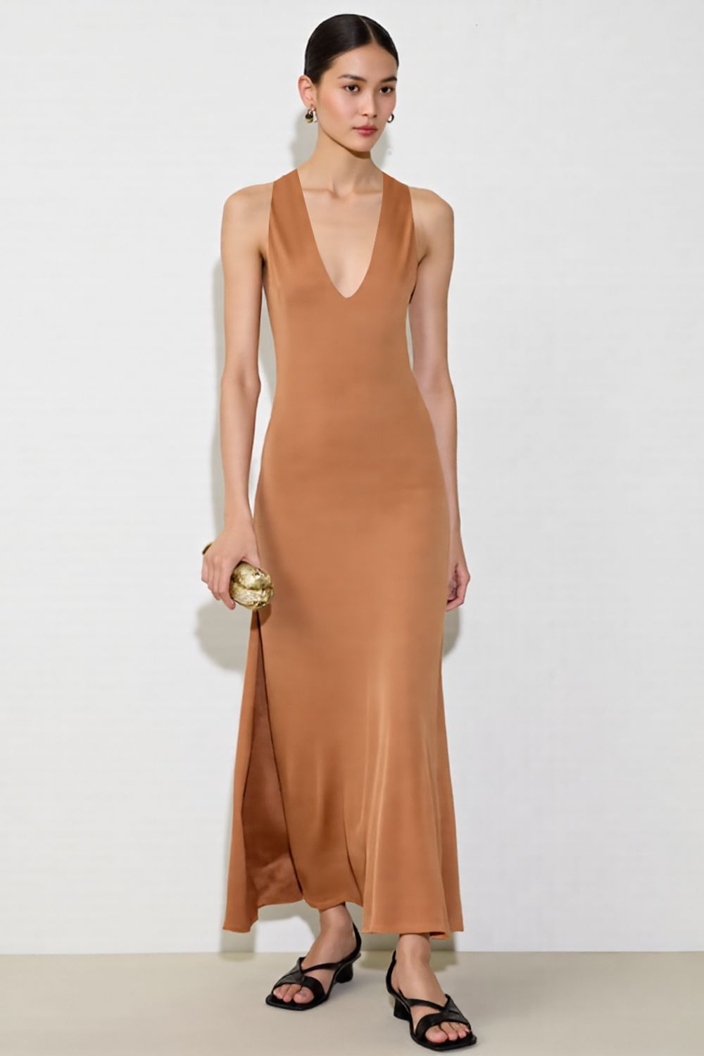 Orange Sheath V Neck Long Wedding Guest Dress