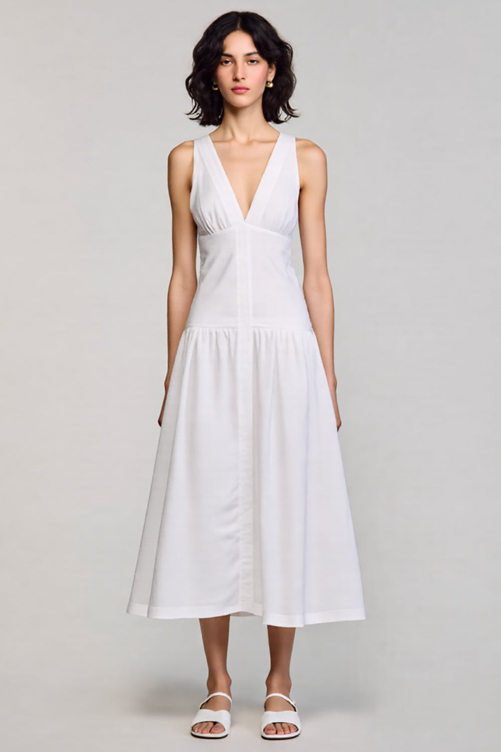White A Line V Neck Midi Wedding Guest Dress