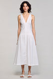 White A Line V Neck Midi Wedding Guest Dress