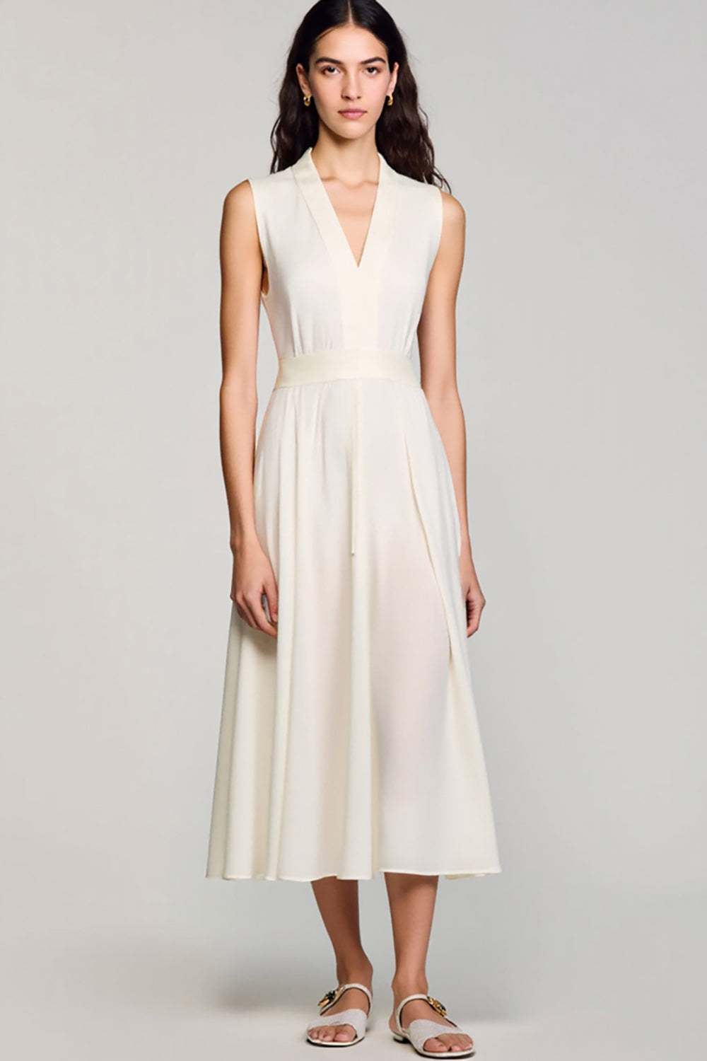Crepe V Neck Ivory A Line Wedding Guest Dress