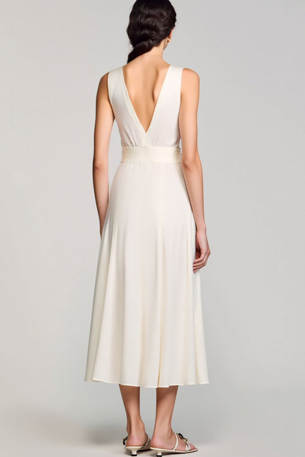 Crepe V Neck Ivory A Line Wedding Guest Dress