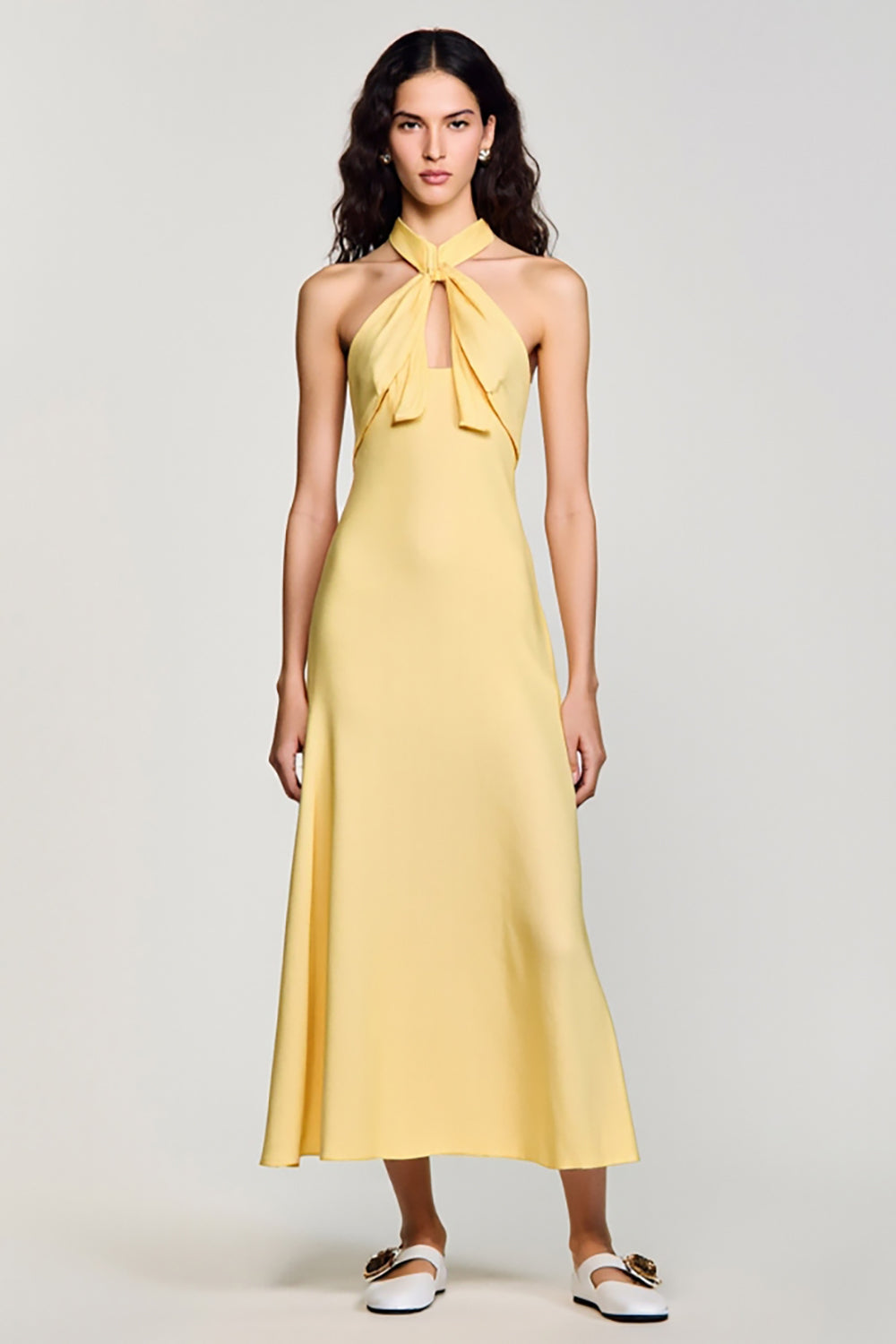 Yellow Crepe Halter A Line Wedding Guest Dress