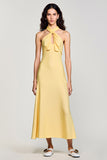 Yellow Crepe Halter A Line Wedding Guest Dress