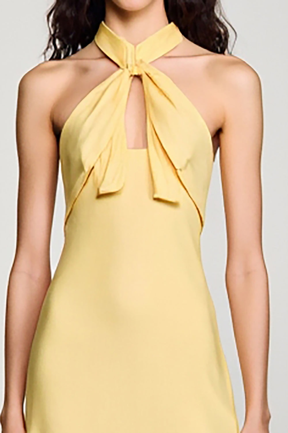 Yellow Crepe Halter A Line Wedding Guest Dress