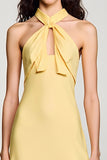Yellow Crepe Halter A Line Wedding Guest Dress