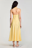 Yellow Crepe Halter A Line Wedding Guest Dress