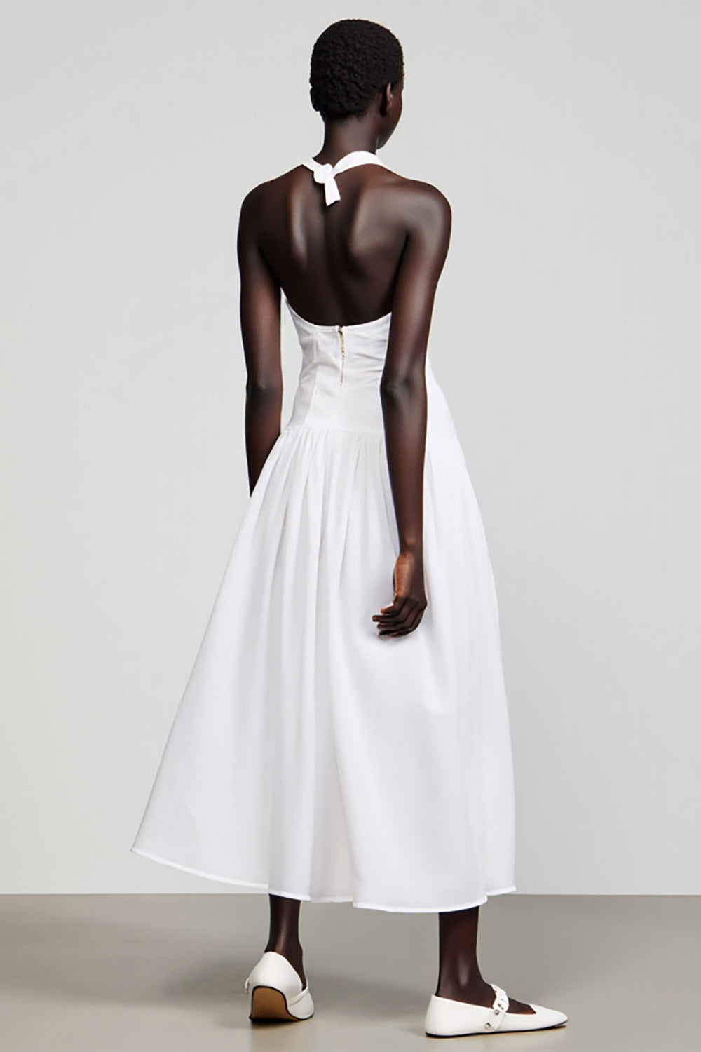 White Cotton Halter A Line Wedding Guest Dress