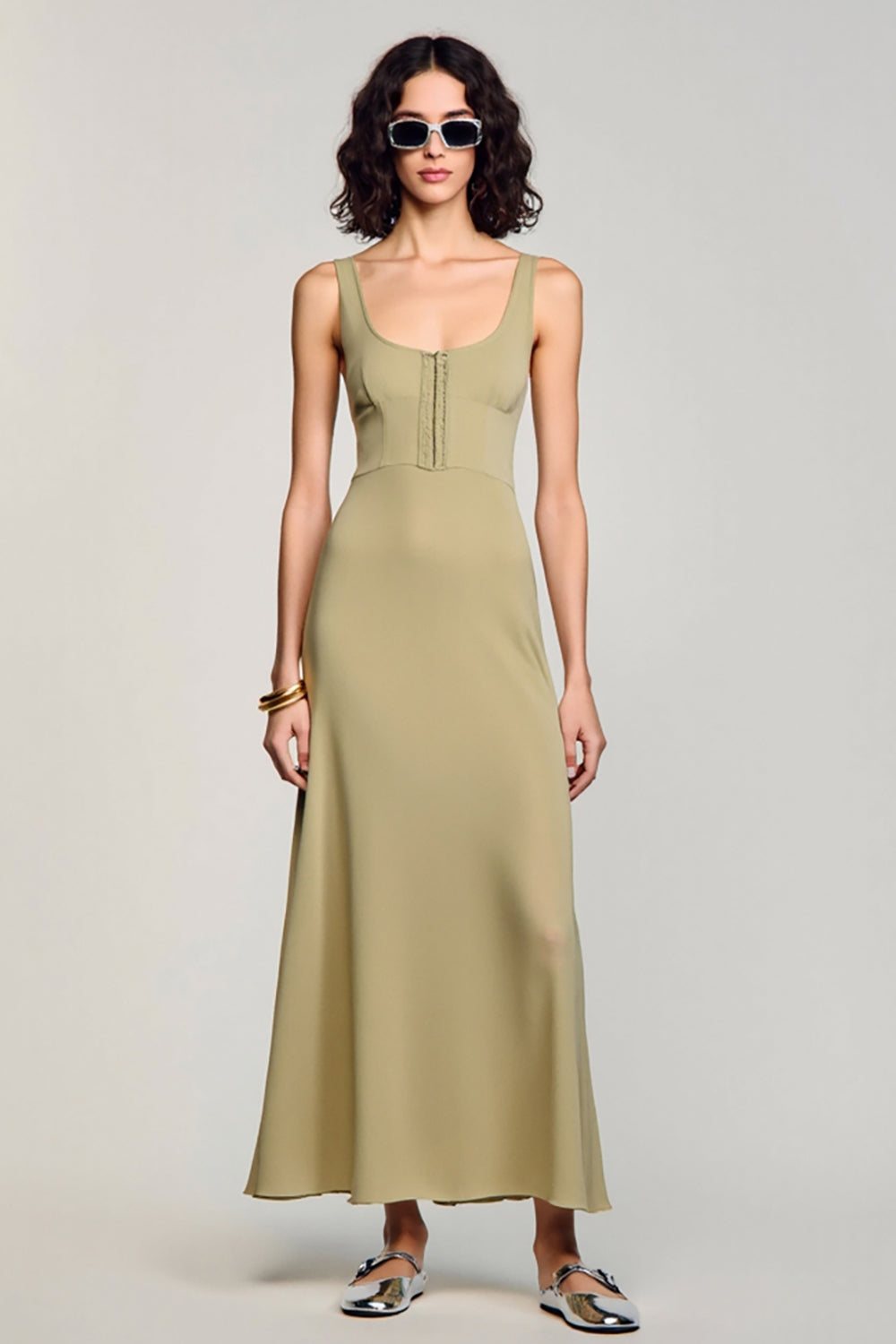 Square Neck A Line Olive Spandex Wedding Guest Dress