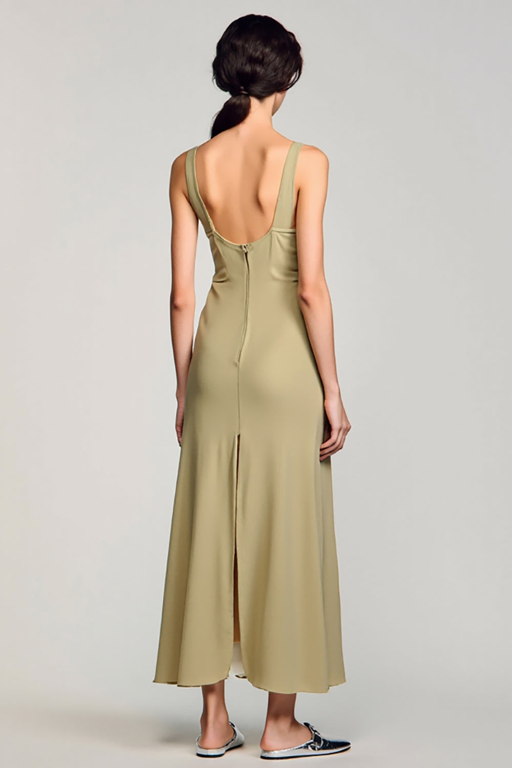 Square Neck A Line Olive Spandex Wedding Guest Dress