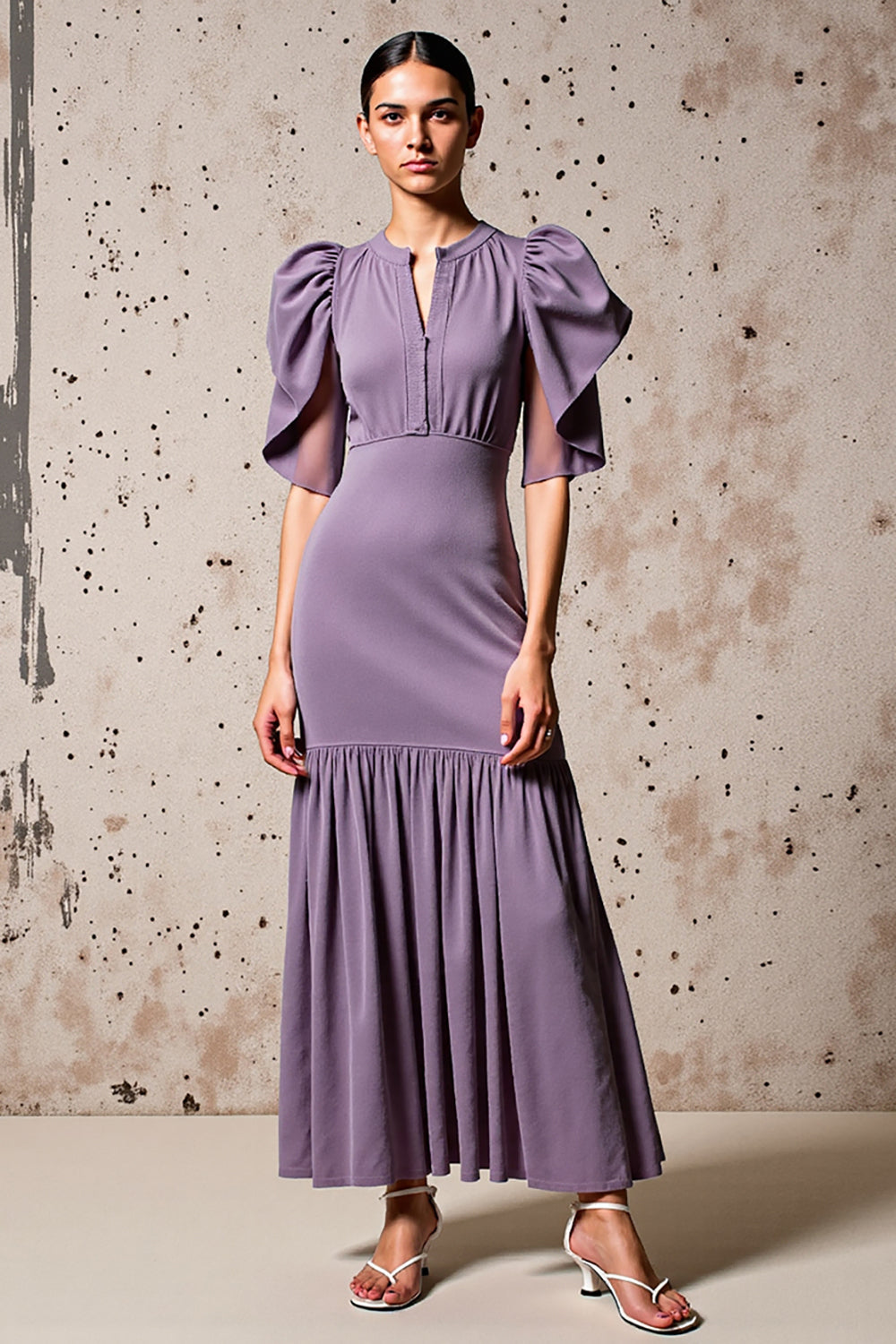 Purple Sheath Flutter Sleeves Wedding Guest Dress