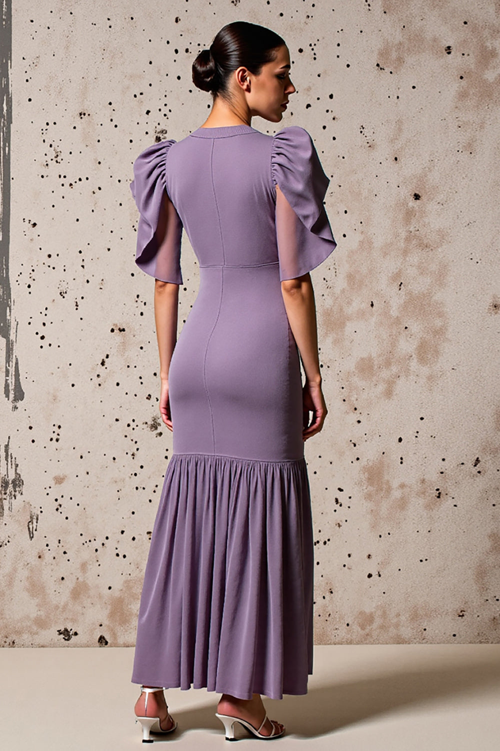 Purple Sheath Flutter Sleeves Wedding Guest Dress