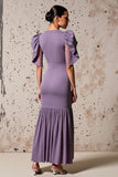 Purple Sheath Flutter Sleeves Wedding Guest Dress