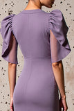Purple Sheath Flutter Sleeves Wedding Guest Dress