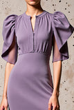 Purple Sheath Flutter Sleeves Wedding Guest Dress