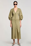 Olive Satin Sheath V Neck Wedding Guest Dress