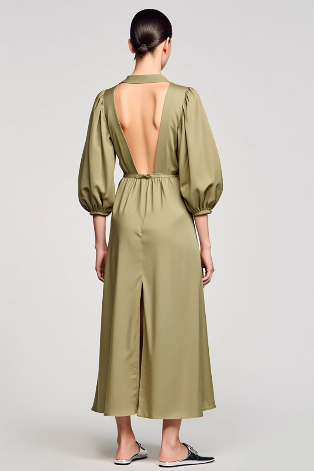 Olive Satin Sheath V Neck Wedding Guest Dress