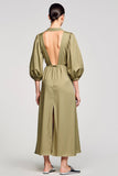 Olive Satin Sheath V Neck Wedding Guest Dress
